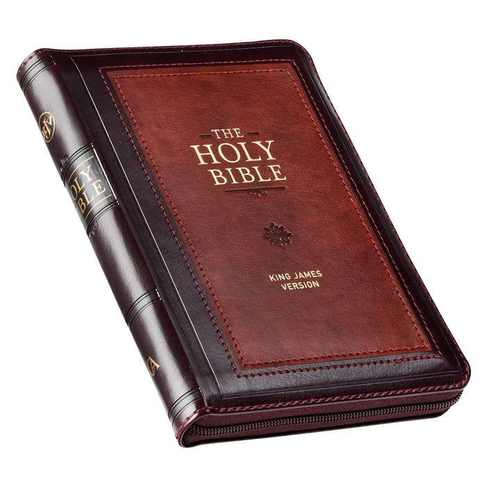 Bible - KJV, Compact Faux Leather Red Letter Edition - Ribbon Marker, King James Version, Burgundy/Saddle Tan, Zipper Closure Imitation Leather
