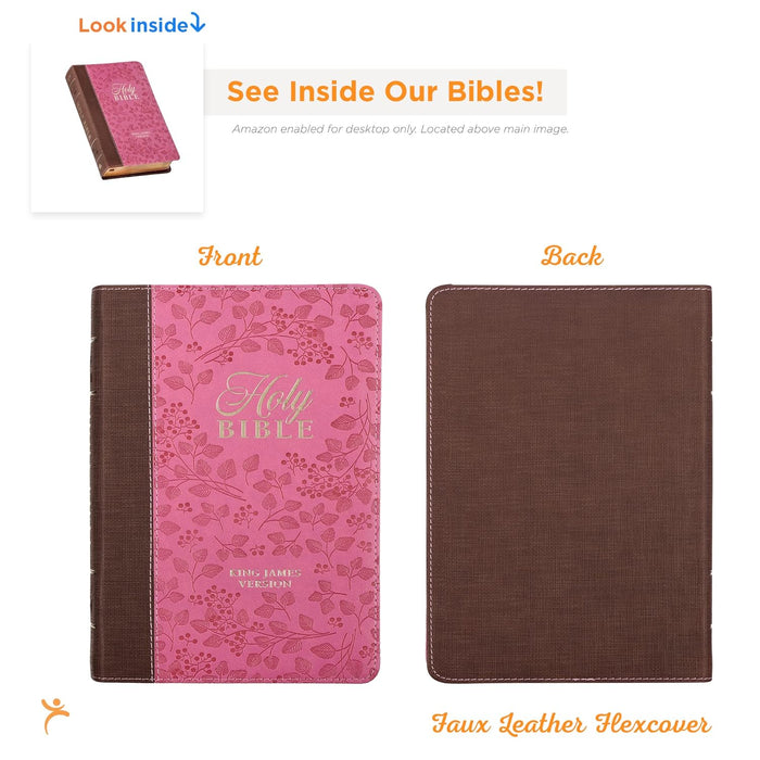 Bible - KJV Holy Bible, Giant Print Standard Size Faux Leather Red Letter Edition - Thumb Index & Ribbon Marker, King James Version, Brown/Pink Berry Leather Bound