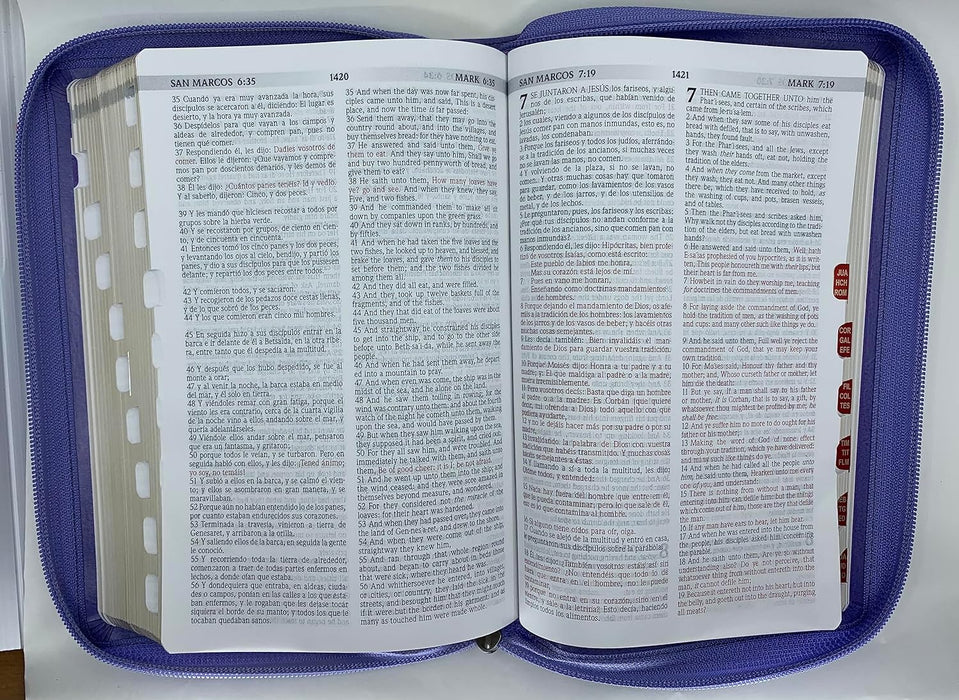 Biblia Bilingue Tamaño Manual RVR.1960/ KJV Símil Piel Lavanda Con Indice Cierre
