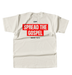 An off-white short-sleeve t-shirt with a bold graphic on the back. The graphic features the words 'SPREAD THE GOSPEL' in white text inside two overlapping red rectangular blocks, with 'MARK 16:15' printed in black below.