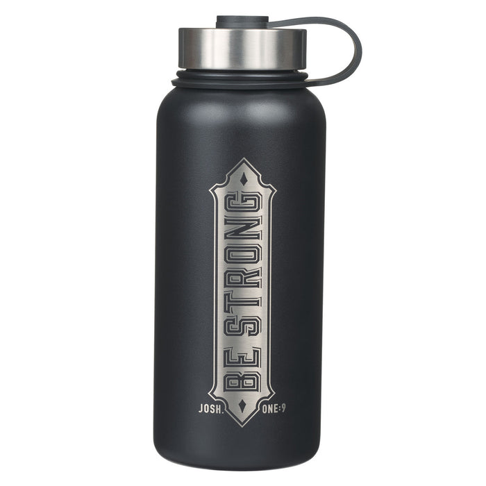 Water Bottle - Be Strong Black Stainless Steel - Joshua 1:9