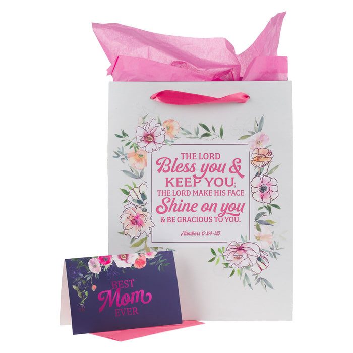 Gift Bag - Bless You and Keep You Pink Floral Large Portrait - Numbers 6:24-25