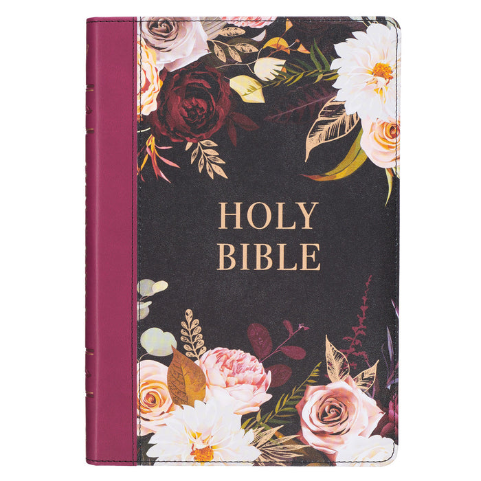 Bible - Black and Burgundy Floral Faux Leather Large Print Thinline King James Version Bible with Thumb Index
