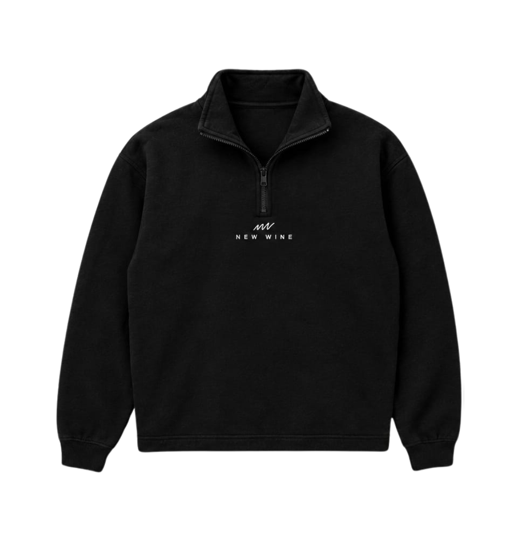 Black New Wine quarter-zip sweatshirt with a pullover design and stand-up collar.


