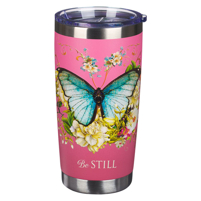 Mug - Pink Be Still Butterfly Stainless Steel Travel Tumbler - Psalm 46:10