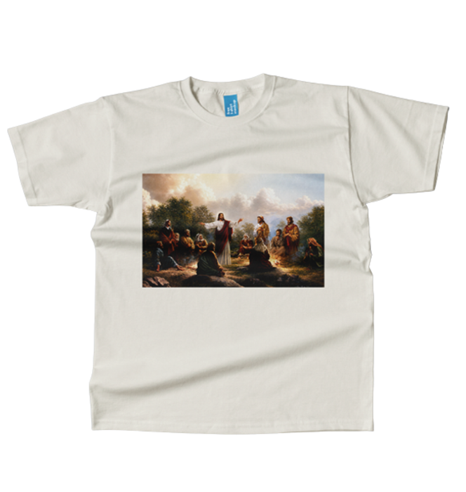 A light beige crewneck t-shirt featuring a rectangular graphic print of a classical painting depicting Jesus and his disciples around a campfire. King Jesus Ministry Apparel
