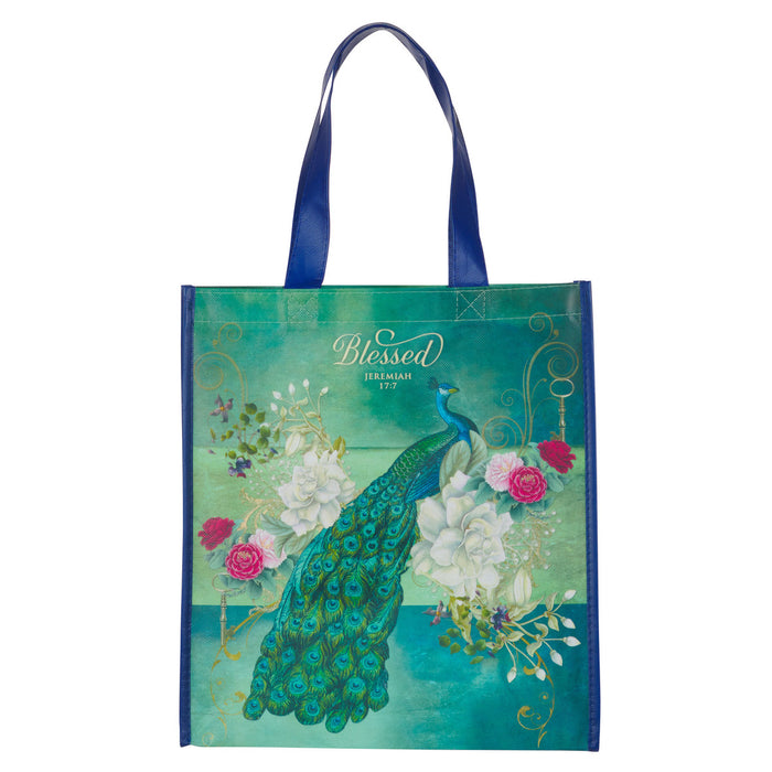 Tote Bag - Blessed Blue Peacock Non-Woven Coated - Jeremiah 17:7