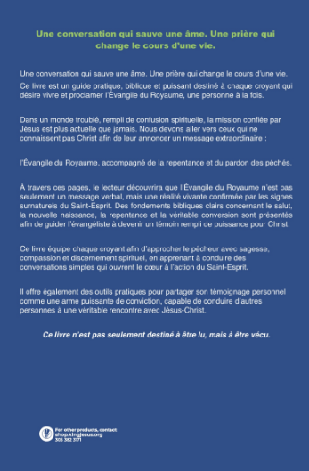 A book cover or booklet page in French with a dark blue background and green text, featuring a title about spiritual conversation and several paragraphs of body text.
