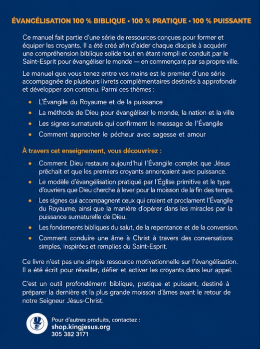 A French-language booklet cover or informational sheet with a dark blue background and white text, headed in orange/yellow with the title 'Évangélisation 100% BIBLE - 100% PRATIQUE - 100% PUISSANTE'. The page includes descriptive paragraphs, bullet points, a small illustration of a cross, and contact information for shop.