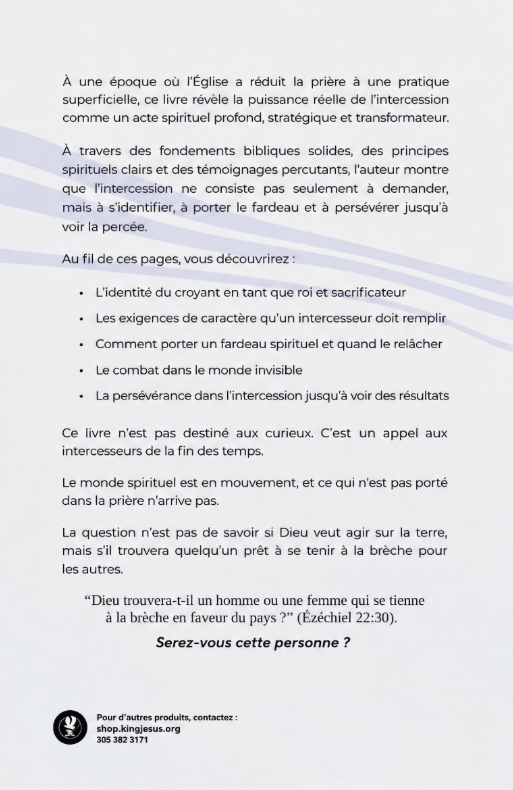 A French book cover or booklet page with black text on a white background, featuring a small publisher contact block at the bottom left.