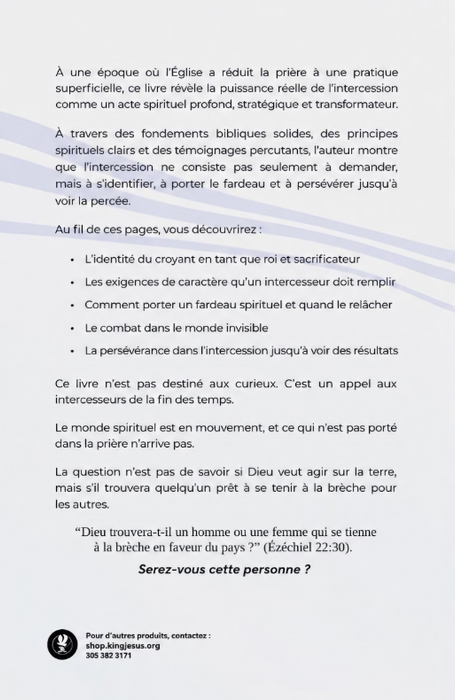 A French book cover or booklet page with black text on a white background, featuring a small publisher contact block at the bottom left.