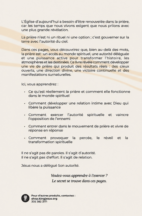 A French-language printed page or booklet spread with black text on a white background, featuring a subtle diagonal beige stripe and a small circular logo at the bottom left.