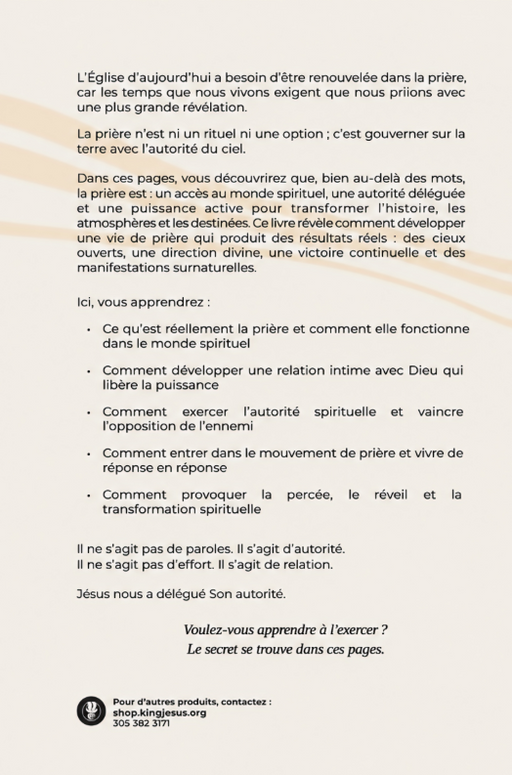 A French-language printed page or booklet spread with black text on a white background, featuring a subtle diagonal beige stripe and a small circular logo at the bottom left.
