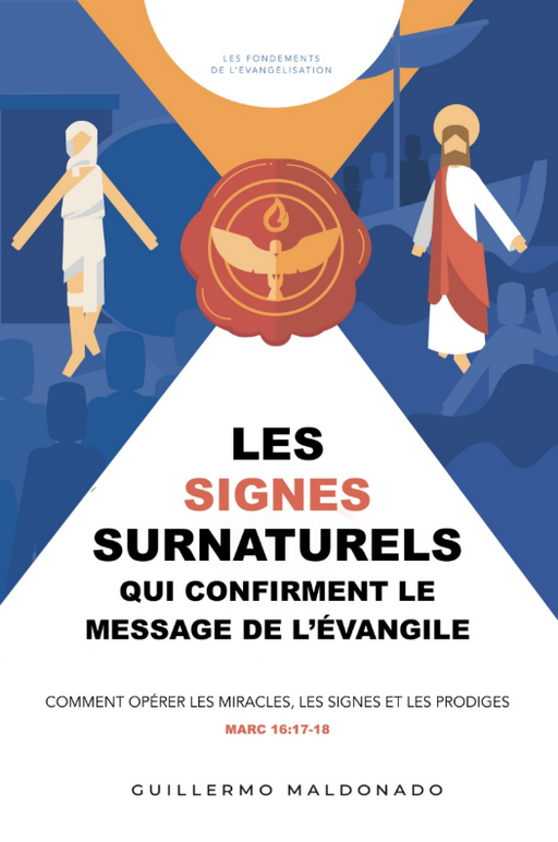 A book cover design with French text, featuring stylized figures in white and red robes against a blue and white geometric background with a central red wax-seal emblem.