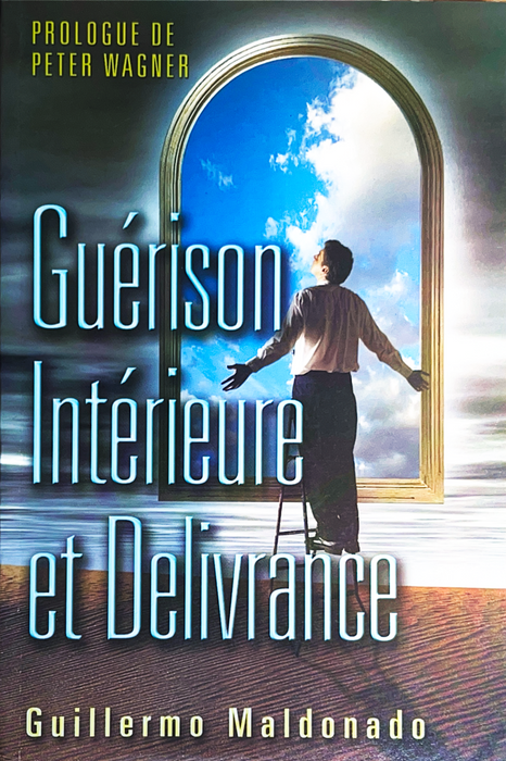 Book cover of 'Guérison Intérieure et Delivrance' with a person looking out a window at a blue sky.