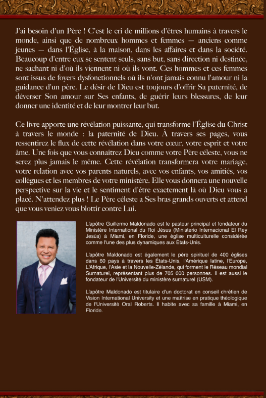 A book cover for 'J'ai besoin d'un Père!' featuring a French devotional text on a dark red background, with a small portrait photo of a man at the bottom left and biographical text on the right.
