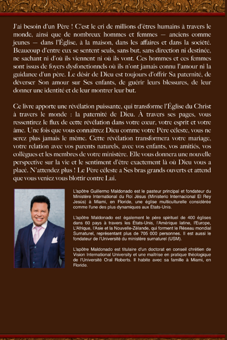 A book cover for 'J'ai besoin d'un Père!' featuring a French devotional text on a dark red background, with a small portrait photo of a man at the bottom left and biographical text on the right.