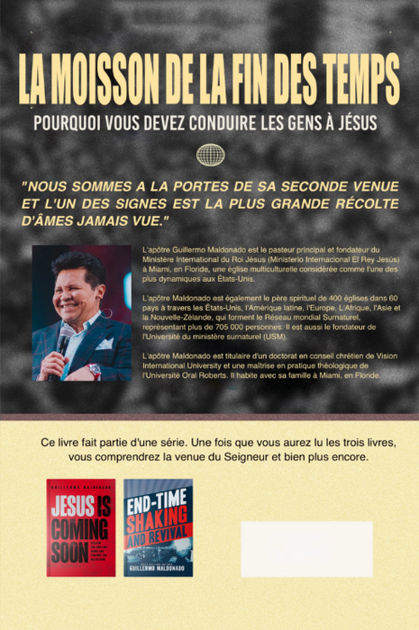 A French promotional poster/book-cover style graphic with the title 'LA MOISSON DE LA FIN DES TEMPS' at the top, a dark textured background, a photo of a man speaking into a microphone, a quote, and two book covers shown at the bottom. This is not a clean product photo of a physical item in a studio and not a lifestyle image because the person is only a small embedded photo within the design; the overall subject is a digital promotional graphic, so subject_type is Other.