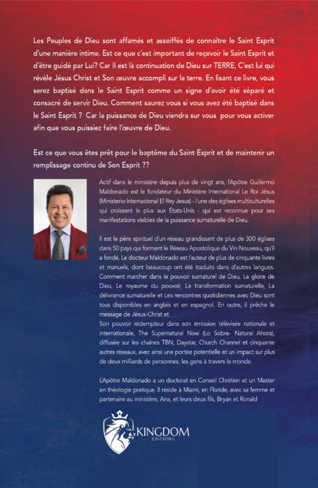 A French-language booklet or brochure page with a red and blue background, featuring text about the Holy Spirit and a small portrait photo of a man, branded with the Kingdom logo at the bottom.
