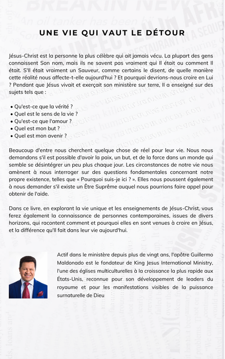 A French booklet or brochure page titled 'UNE VIE QUI VAUT LE DÉTOUR' with paragraphs of text, a small photo of a man at the bottom left, and a white background with faint gray grid lines.