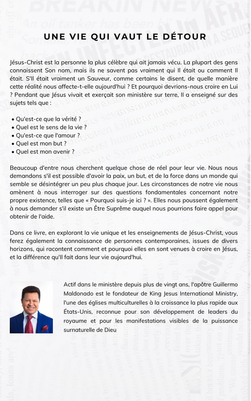 A French booklet or brochure page titled 'UNE VIE QUI VAUT LE DÉTOUR' with paragraphs of text, a small photo of a man at the bottom left, and a white background with faint gray grid lines.