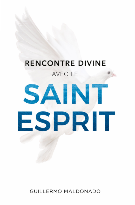 Book cover for 'Rencontre Divine avec le Saint-Esprit' by Guillermo Maldonado, featuring a white dove in flight on a white background with black and blue text.