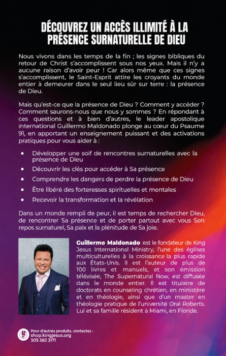 A French promotional flyer or brochure page with a red-to-purple gradient background, white text, a small photo of a smiling man in the lower left, and contact information at the bottom.