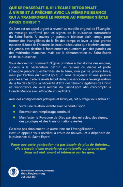 The back cover of a French-language book titled 'Que se passerait-il si l'Église retournait à vivre et à précher avec la même puissance qui comprès le monde au premier siècle après Christ?' on a dark blue background with white text and a small publisher logo at the bottom.