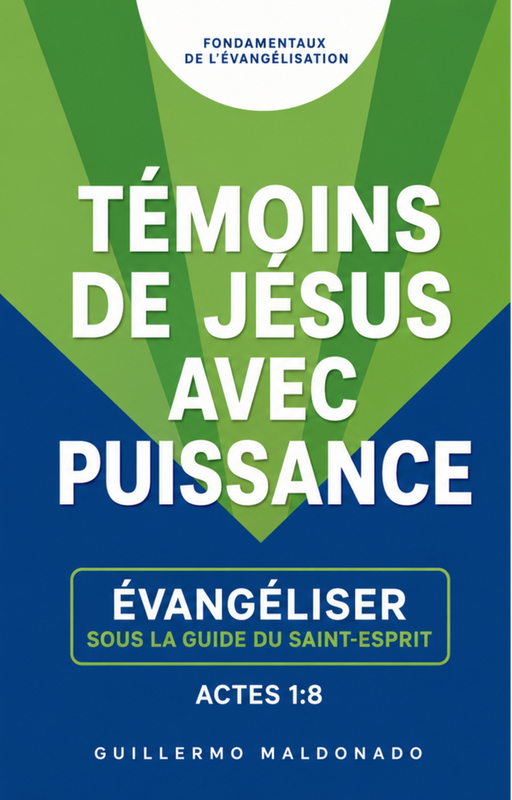 Book cover for 'Témoôins de Jésus avec puissance' by Guillermo Maldonado, featuring a green and blue geometric background with white text.