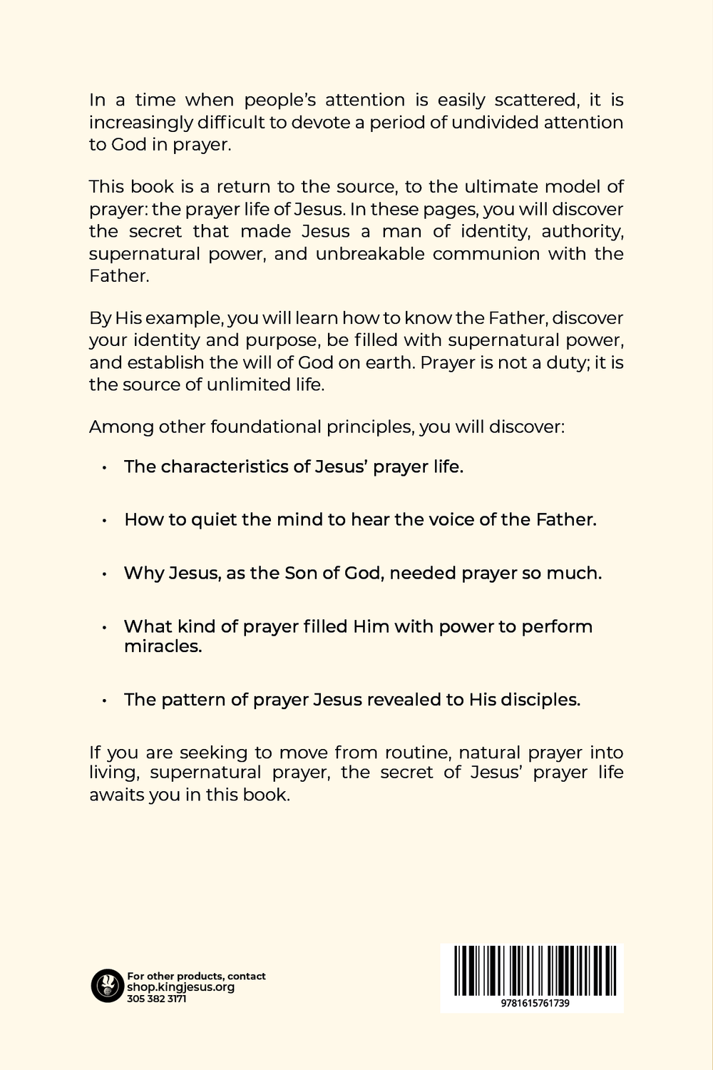 The back cover of a book with a beige background, featuring black text about prayer and a bulleted list, with a barcode and small publisher contact information at the bottom left.
