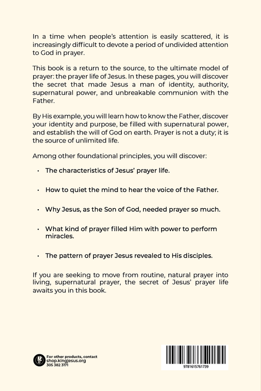 The back cover of a book with a beige background, featuring black text about prayer and a bulleted list, with a barcode and small publisher contact information at the bottom left.