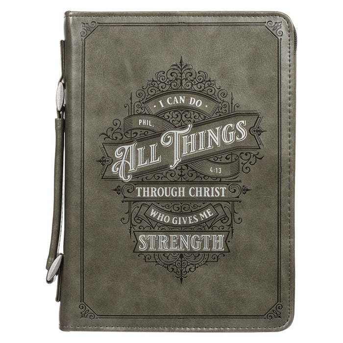 All Things Filigree Gray Faux Leather Classic Bible Cover - Philippians 4:13