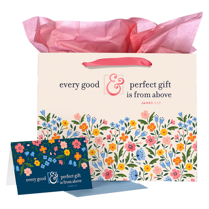 Every Good & Perfect Gift Peach Floral Large Landscape Gift Bag and Card Set - James 1:17
