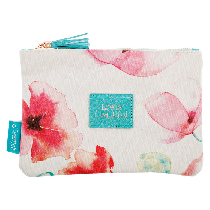 Life is Beautiful Coral Poppies Canvas Zippered Pouch