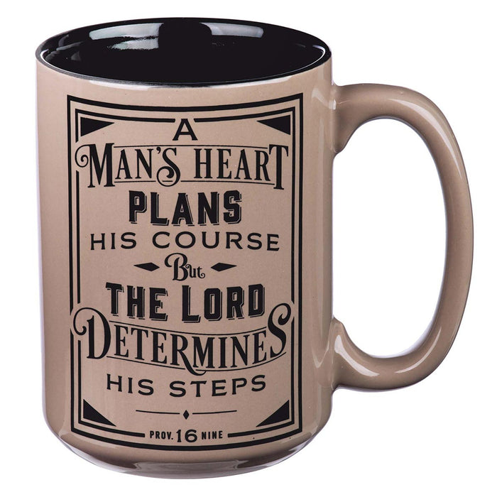 A Man's Heart Ceramic Coffee Mug in Brown - Proverbs 16:9
