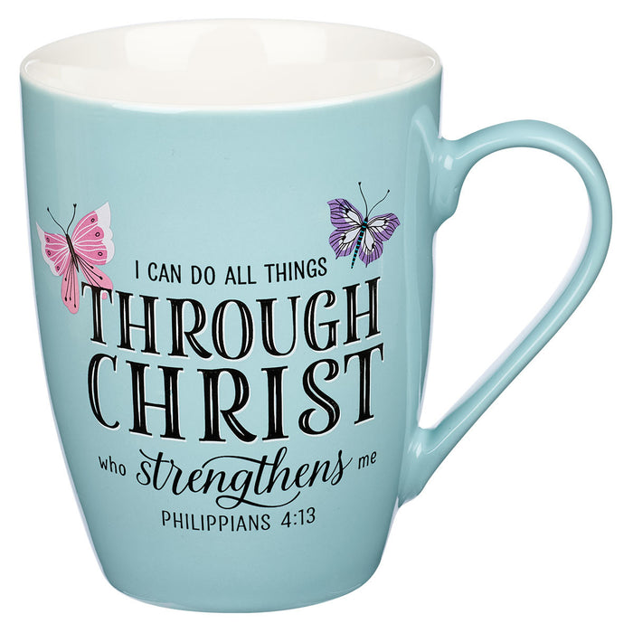 Through Christ Blue Butterfly Ceramic Coffee Mug – Philippians 4:13