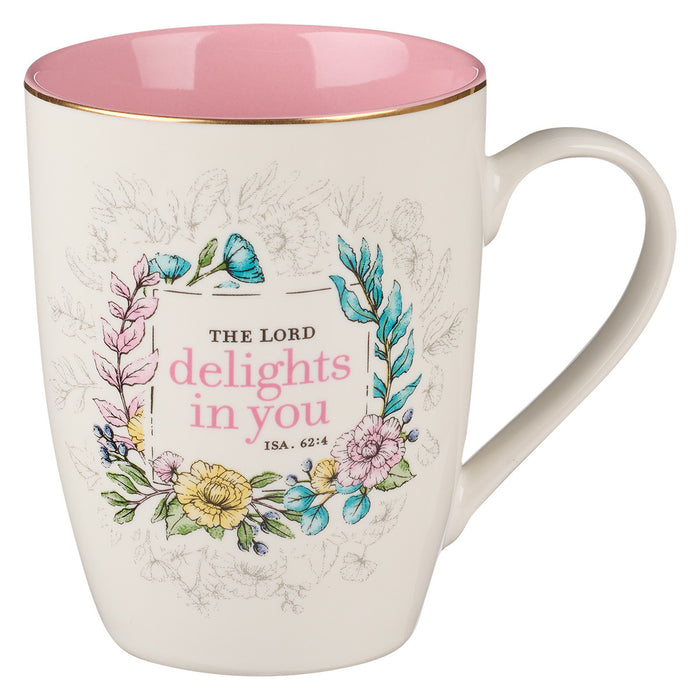 Mug - The LORD Delights in You Pink Floral Ceramic Coffee Mug - Isaiah 62:4