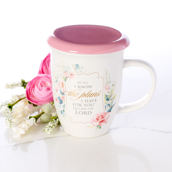Mug - I Know the Plans Pink Lidded Ceramic Coffee Mug - Jeremiah 29:11