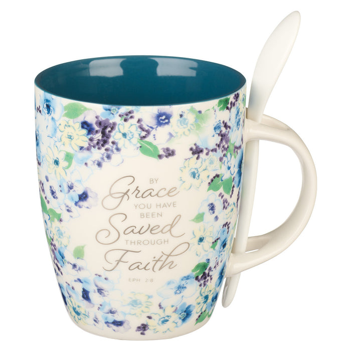 Mug - Saved by Grace Blue Floral Ceramic Coffee Mug with Spoon - Ephesians 2:8