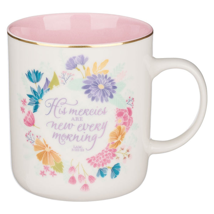 Mug - His Mercies Floral Wreath Ceramic Coffee Mug - Lamentations 2:22-23
