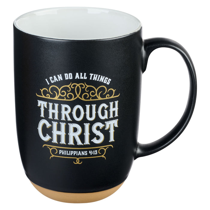 Mug - Through Christ Black Ceramic Coffee Mug with Exposed Clay Base Philippians 4:13