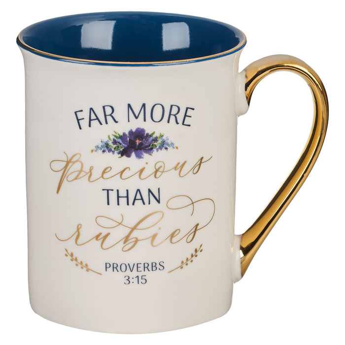 Mug - More Precious than Rubies White and Blue Ceramic Coffee Mug - Proverbs 3:15