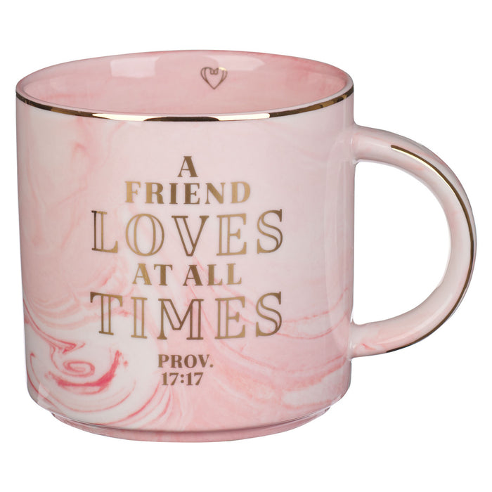 Mug - A Friend Loves At All Times Pink Marbled Ceramic Coffee Mug - Proverbs 17:17