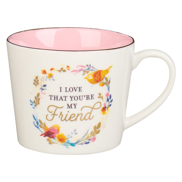 Mug - I Love That You Are My Friend White and Pink Ceramic Coffee Mug - Proverbs 27: 9-11