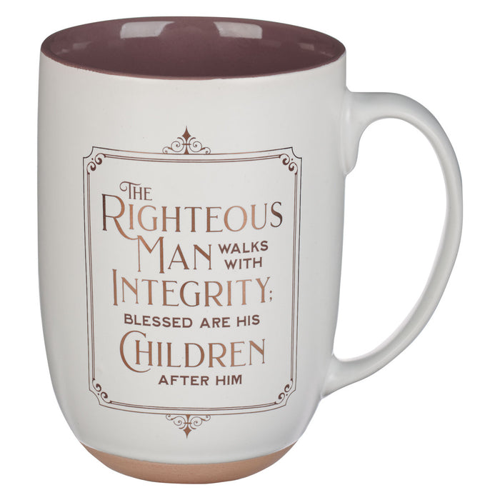 Mug - Righteous Man White and Gold Ceramic Coffee Mug with Exposed Clay Base - Proverbs 20:7