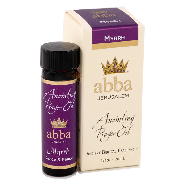 Abba Jerusalem Myrrh anointing prayer oil bottle and packaging on a white background
