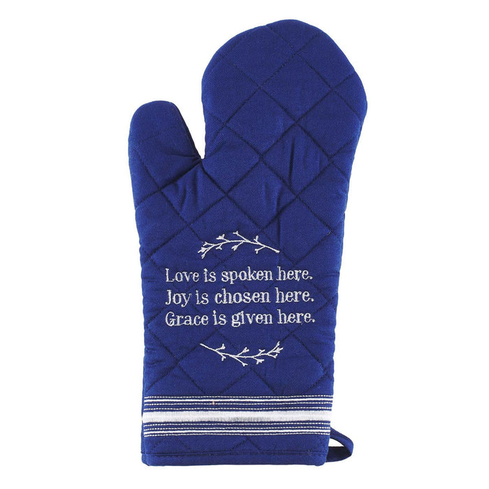 Love Is Spoken Here Quilted Blue Oven Mitt