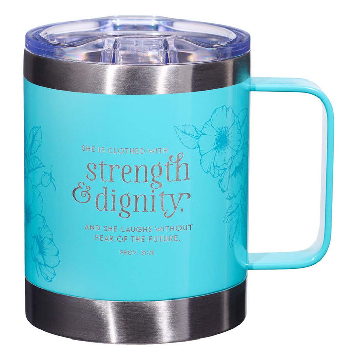 Strength & Dignity Teal Camp Style Stainless Steel Mug - Proverbs 31:25