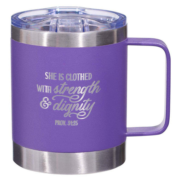 Strength & Dignity Purple Camp Style Stainless Steel Mug - Proverbs 31:25