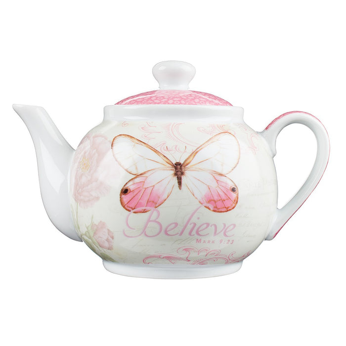 Believe Pink Butterfly Blessings Tea Pot - Mark 9:23